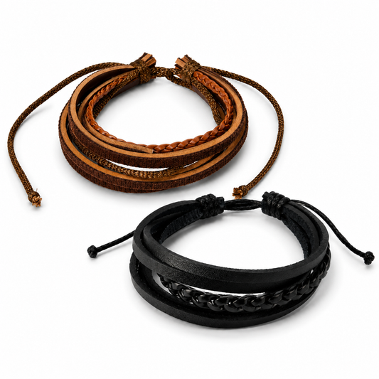 Braided Leather Bracelet Set | Black & Brown Adjustable Bracelets