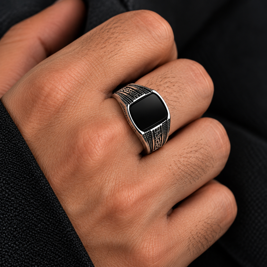 Men’s Black Stone Greek Key Signet Ring