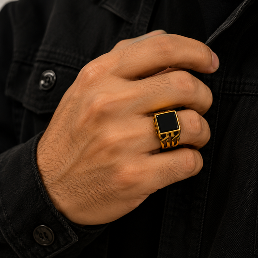 Men's Gold Stainless Steel Architectural Black Stone Ring