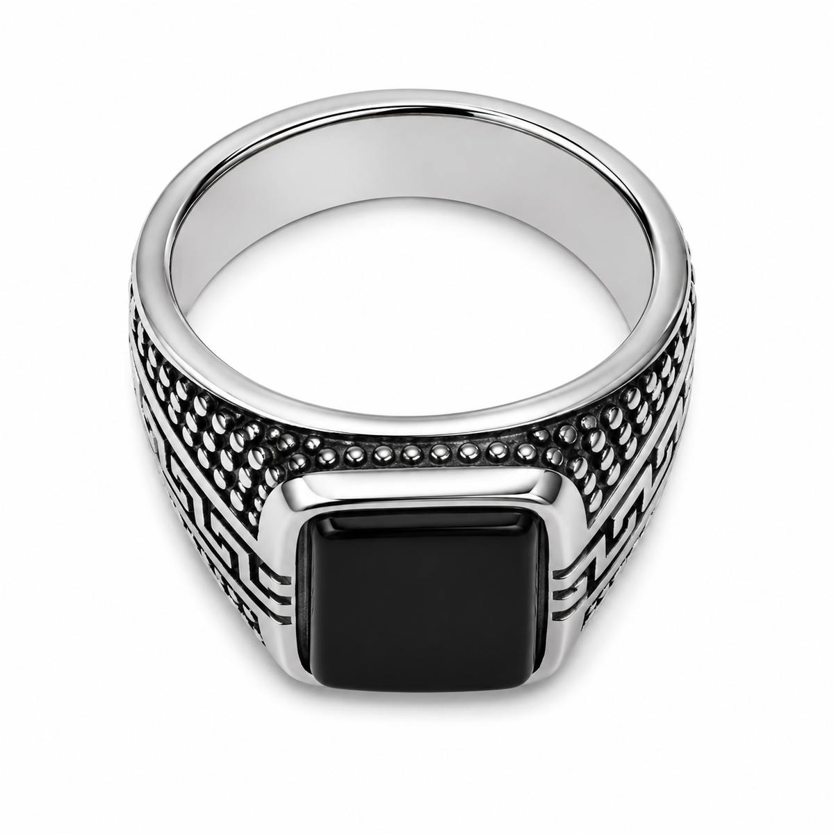 Men's Greek Pattern Black Stone Signet Ring – Silver Stainless Steel