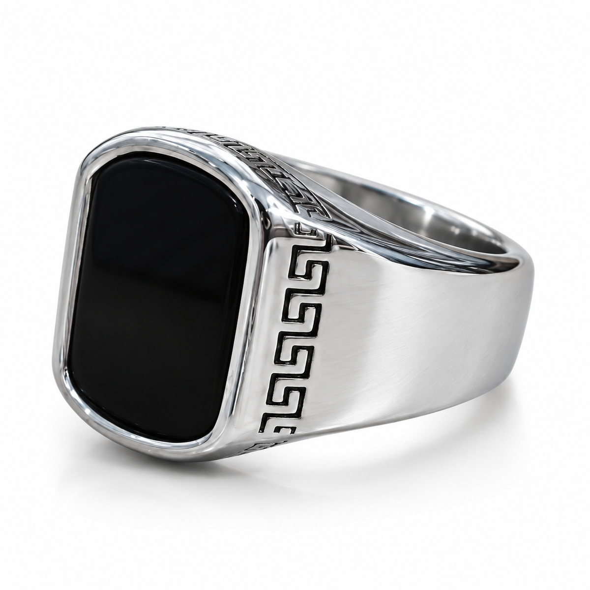 Men’s Silver Stainless Steel Signet Ring with Black Stone