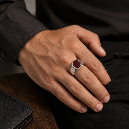 Noxlet Silver Stainless Steel Signet Ring with Maroon Stone