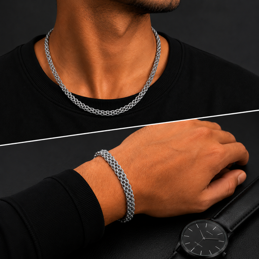 Matching stainless steel necklace and bracelet for men