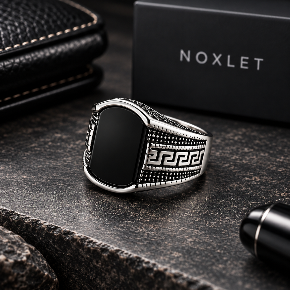 Men’s Black Stone Greek Key Signet Ring