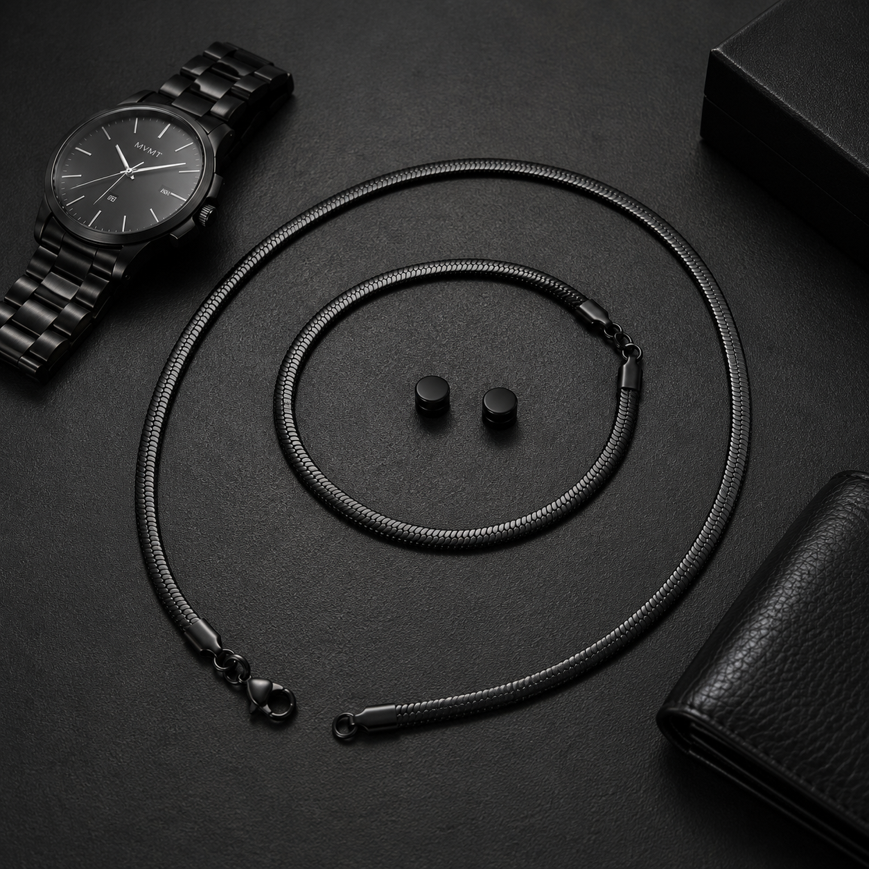 Men's Black Stainless Steel Bracelet, Necklace & Magnetic Ear Studs Set