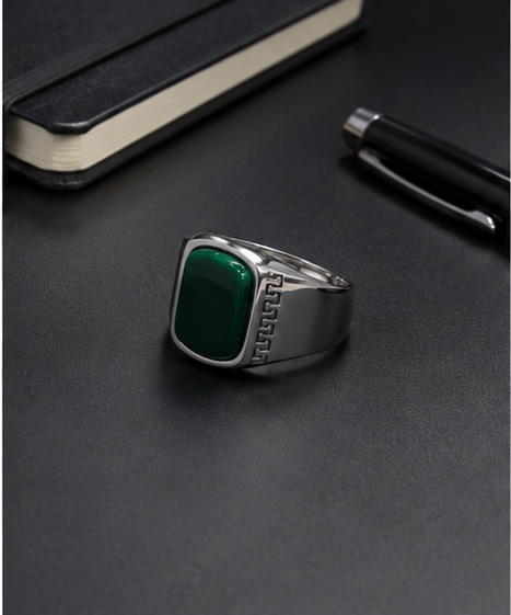 Silver Green Stone Signet Ring for Men