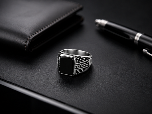 Men's Greek Pattern Black Stone Signet Ring – Silver Stainless Steel