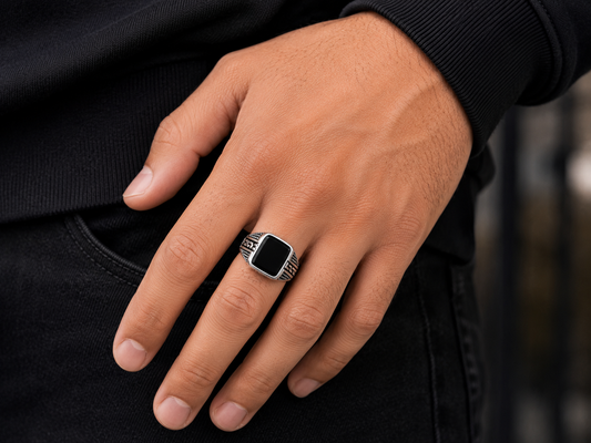 Men's Greek Pattern Black Stone Signet Ring – Silver Stainless Steel