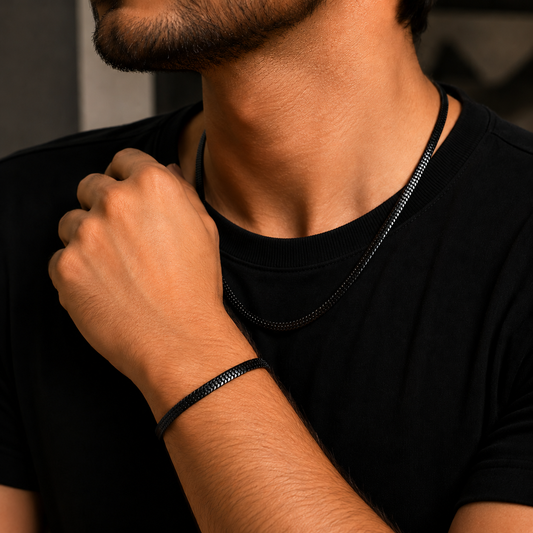 Men's Black Stainless Steel Bracelet, Necklace & Magnetic Ear Studs Set