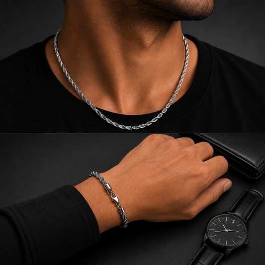 Men's Rope Chain Necklace & Bracelet Set – Silver Stainless Steel
