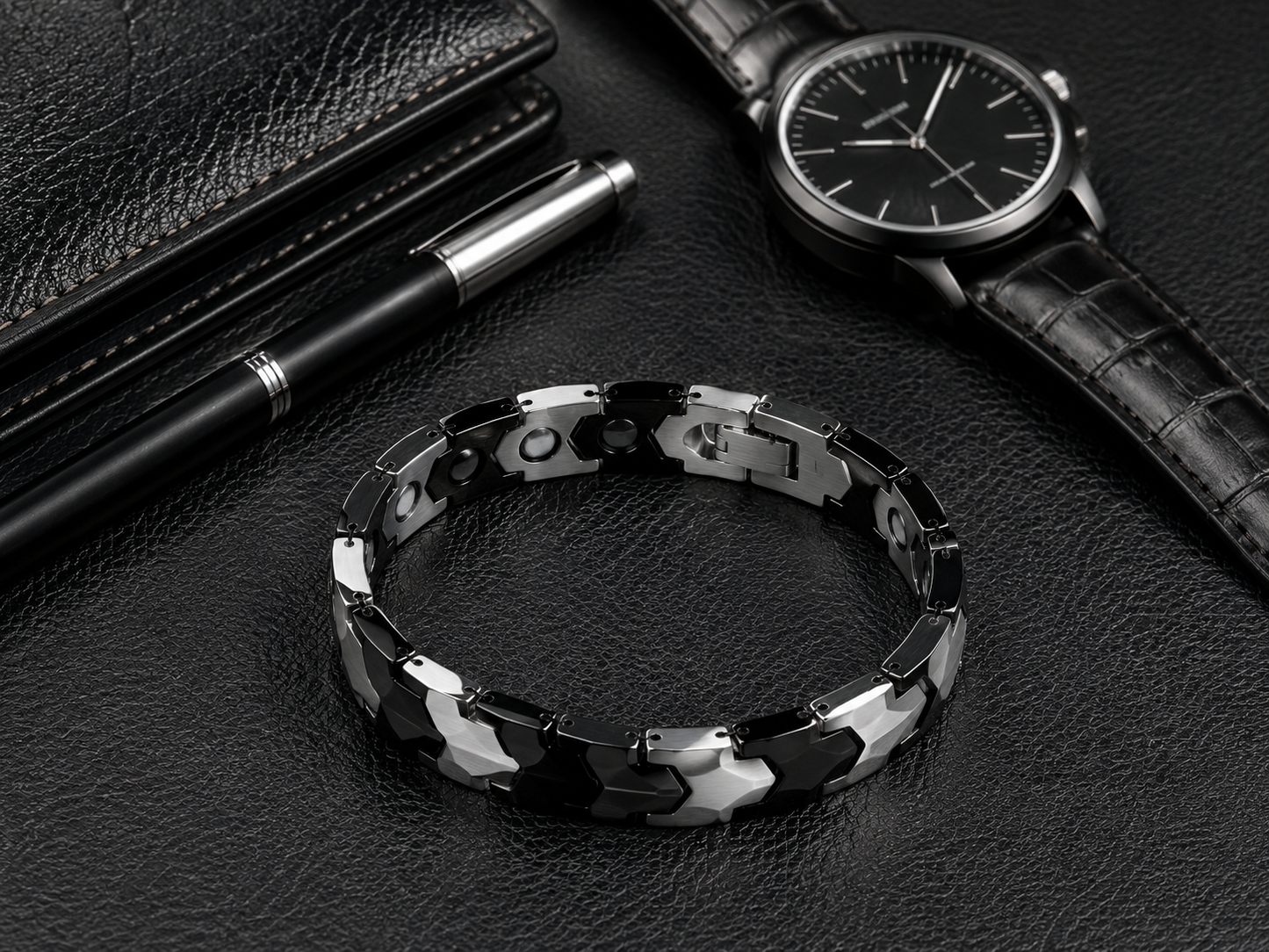Men's Black & Silver Marble Stone Link Bracelet