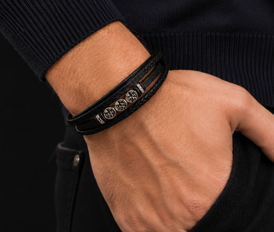 Men's Black Leather Tree of Life Bracelet with Stainless Steel Magnetic Clasp