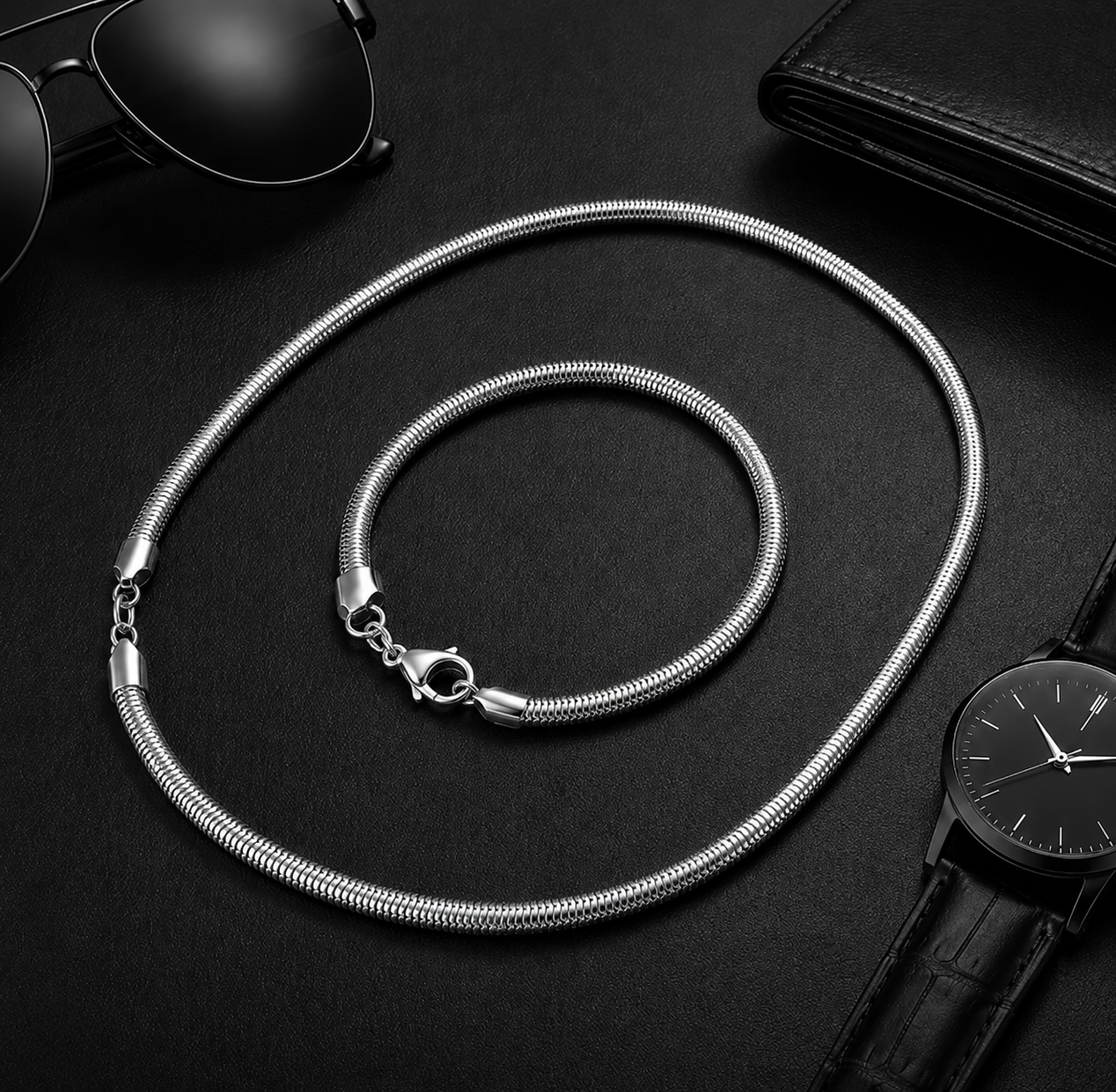 Men's Stainless Steel Snake Chain Set – Bracelet & Necklace Combo