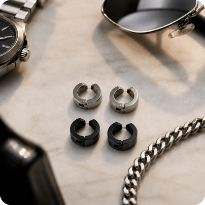 Men’s Silver & Black Non-Piercing Huggie Earrings Set