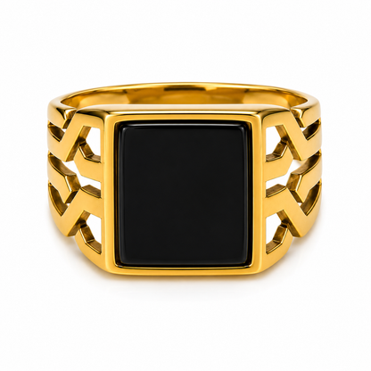 Men's Gold Stainless Steel Architectural Black Stone Ring