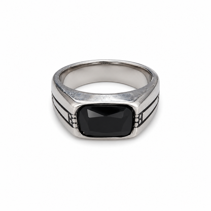 Silver Signet Ring with Black Stone – Stainless Steel Statement Ring