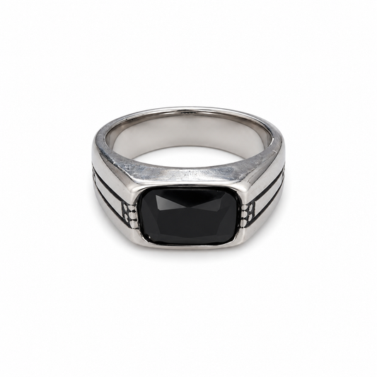 Silver Signet Ring with Black Stone – Stainless Steel Statement Ring
