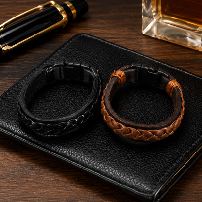 Men's Layered Leather Bracelet Set (Black & Brown)
