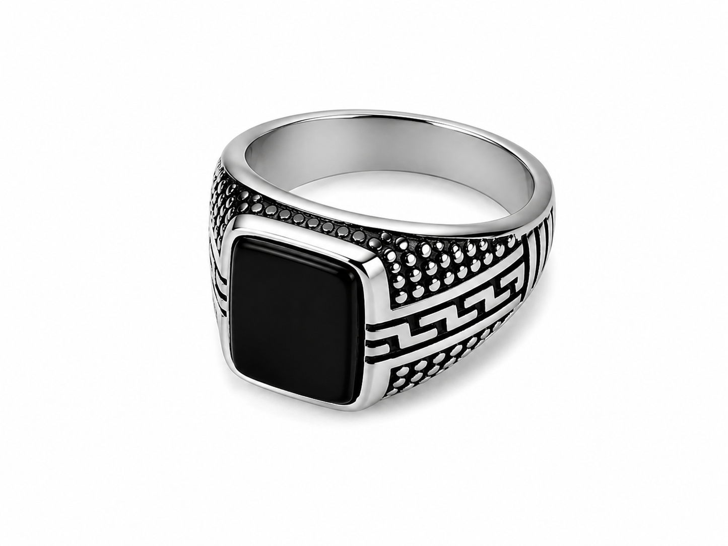 Men's Greek Pattern Black Stone Signet Ring – Silver Stainless Steel