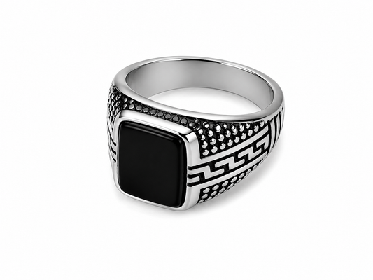 Men's Greek Pattern Black Stone Signet Ring – Silver Stainless Steel
