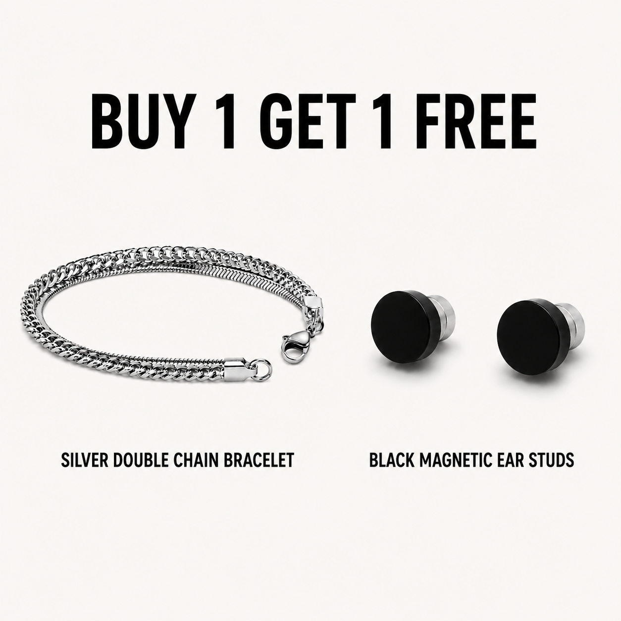 Double Chain Bracelet + Black Magnetic Ear Studs