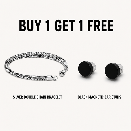 Double Chain Bracelet + Black Magnetic Ear Studs