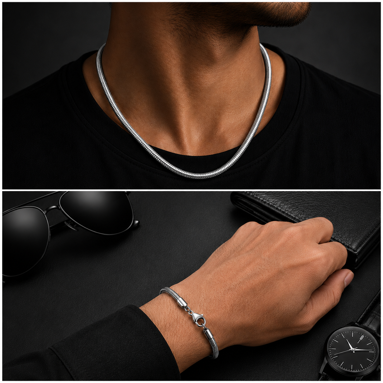 Men's Stainless Steel Snake Chain Set – Bracelet & Necklace Combo