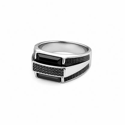 Men’s Black & Silver Geometric Signet Ring