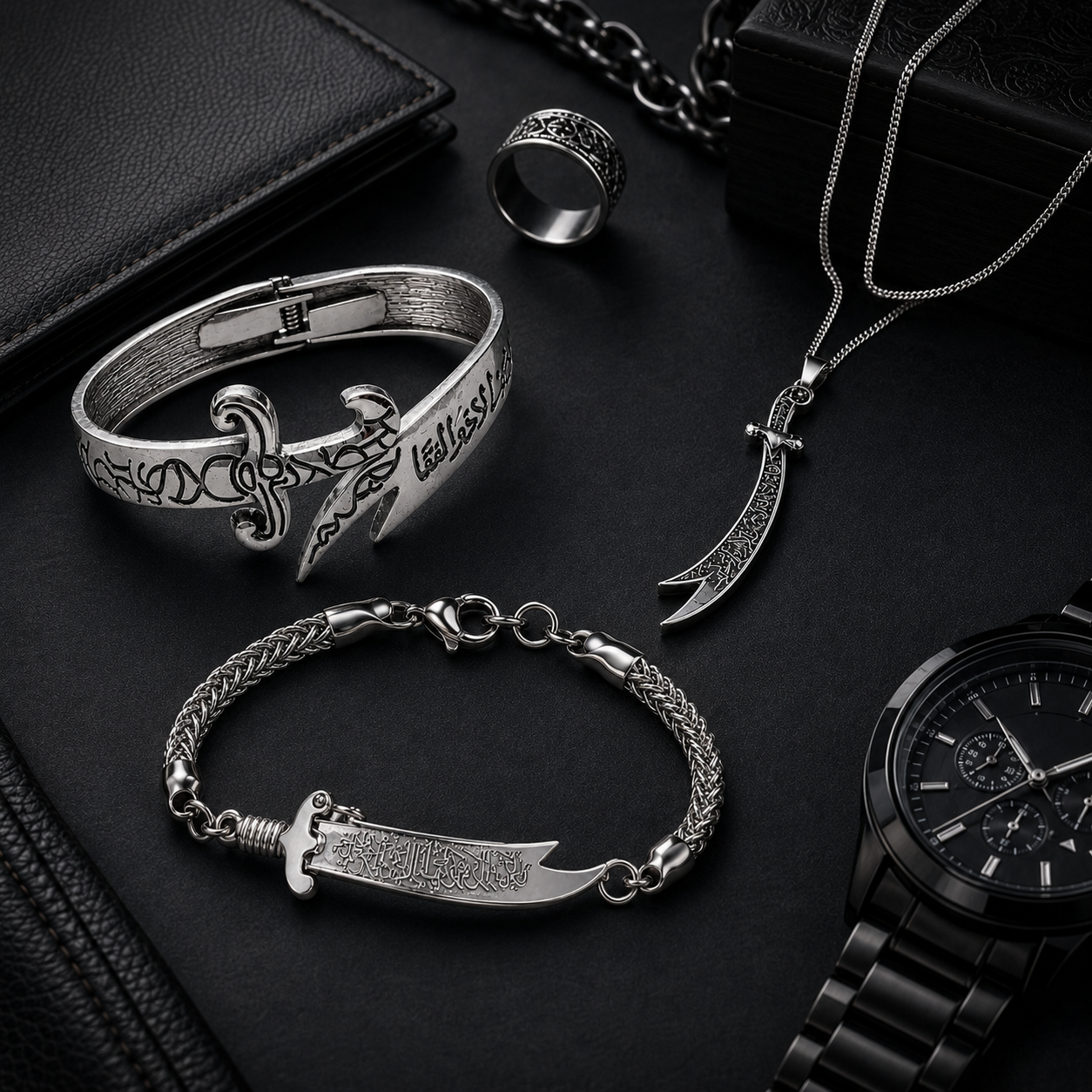 Silver Zulfiqar Trio Offer – Bracelet + Chain Bracelet + Pendant Necklace
