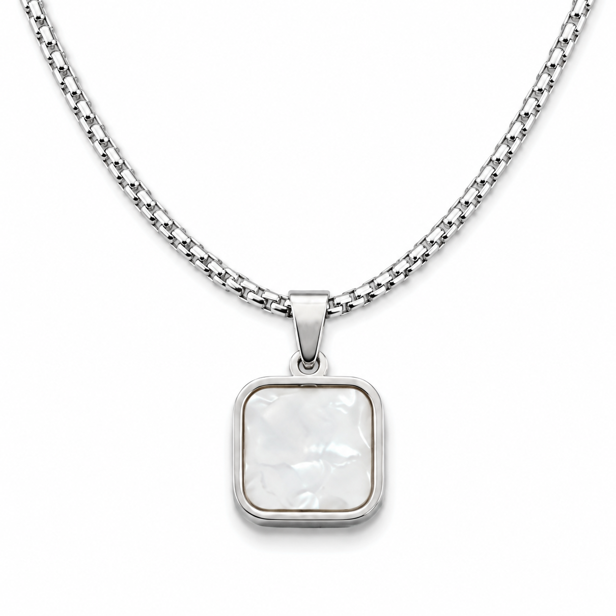 Stainless Steel Square Pearl Pendant Necklace
