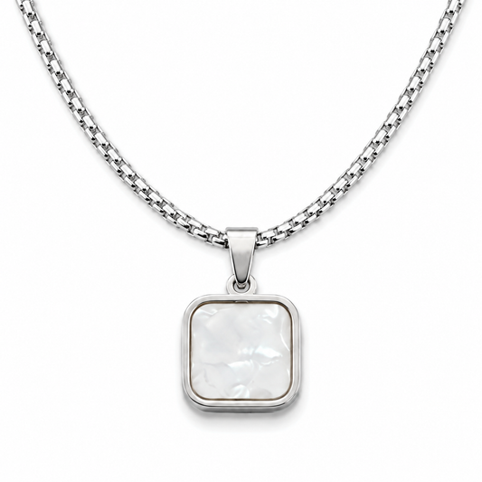 Stainless Steel Square Pearl Pendant Necklace