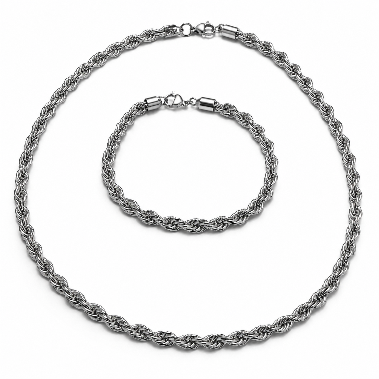 Men's Rope Chain Necklace & Bracelet Set – Silver Stainless Steel