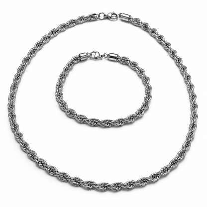Men's Rope Chain Necklace & Bracelet Set – Silver Stainless Steel