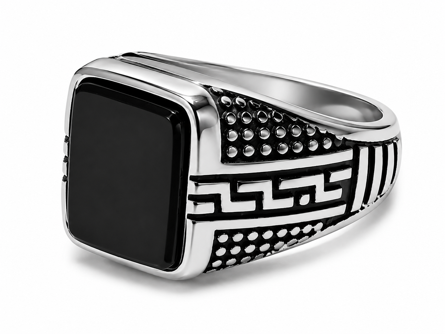Men's Greek Pattern Black Stone Signet Ring – Silver Stainless Steel
