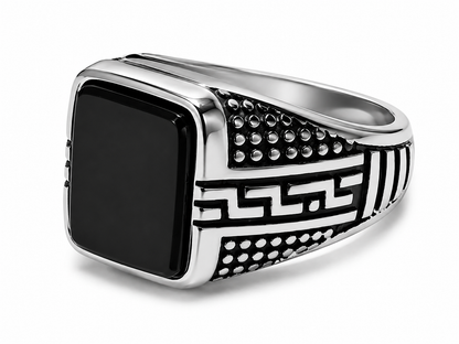 Men's Greek Pattern Black Stone Signet Ring – Silver Stainless Steel