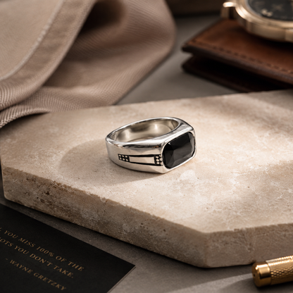 Silver Signet Ring with Black Stone – Stainless Steel Statement Ring