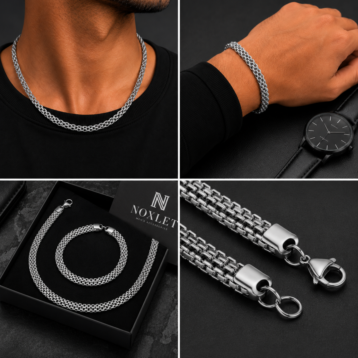 Silver chain jewelry set for men by Noxlet