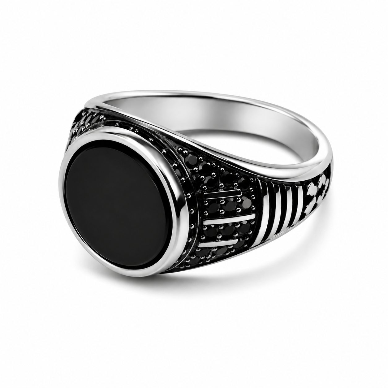 Men's Silver Black Stone Signet Ring – Stainless Steel Vintage Style