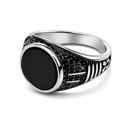 Men's Silver Black Stone Signet Ring – Stainless Steel Vintage Style