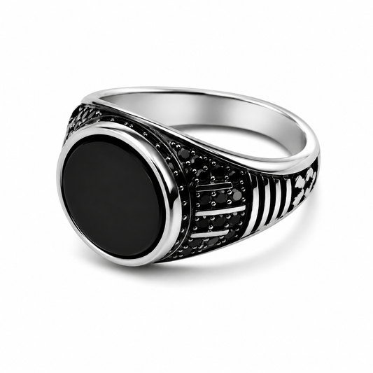Men's Silver Black Stone Signet Ring – Stainless Steel Vintage Style