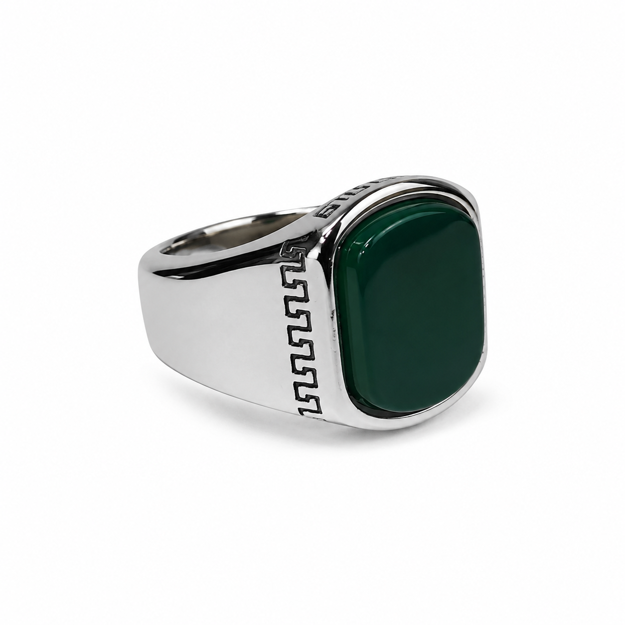 Silver Green Stone Signet Ring for Men