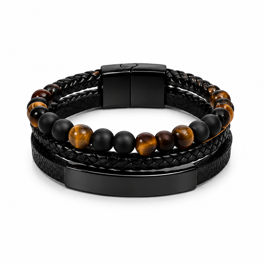 Men’s Black Leather & Beaded Bracelet