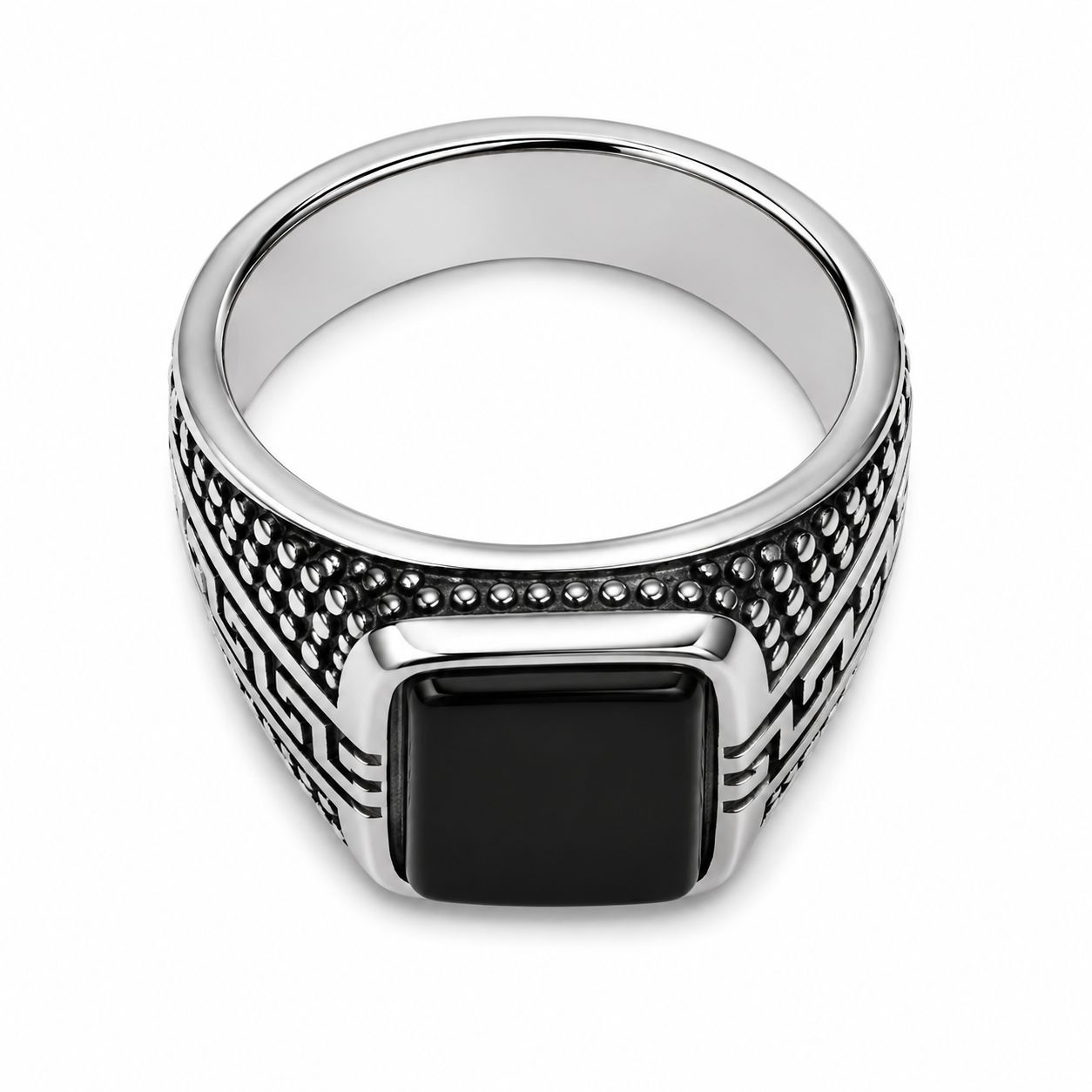 Men's Greek Pattern Black Stone Signet Ring – Silver Stainless Steel