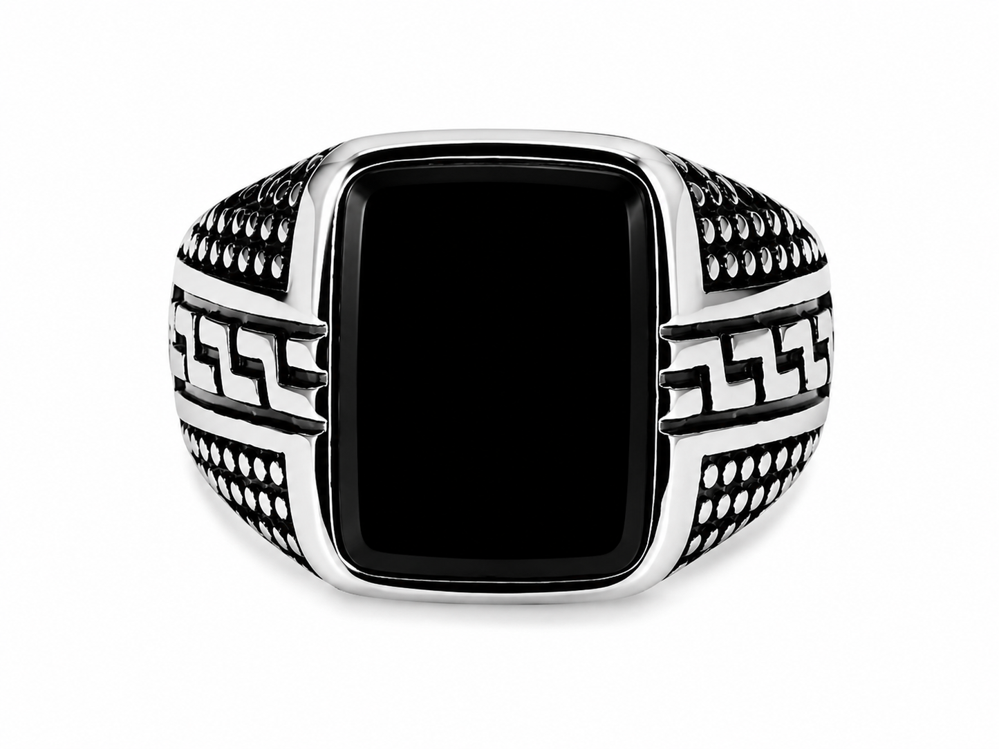 Men's Greek Pattern Black Stone Signet Ring – Silver Stainless Steel