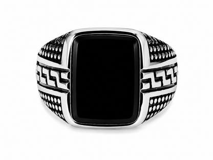 Men's Greek Pattern Black Stone Signet Ring – Silver Stainless Steel