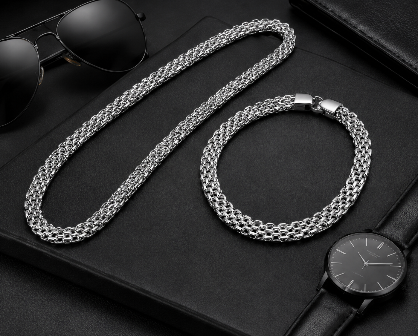Men's Stainless Steel Chain Necklace & Bracelet Set – Silver Matching Jewelry Set