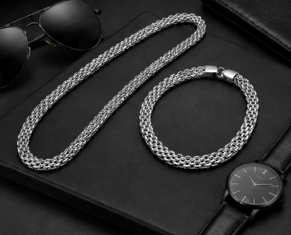 Men's Stainless Steel Chain Necklace & Bracelet Set – Silver Matching Jewelry Set