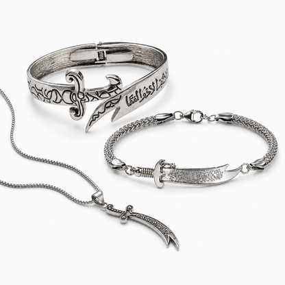 Silver Zulfiqar Trio Offer – Bracelet + Chain Bracelet + Pendant Necklace