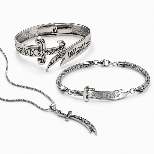 Silver Zulfiqar Trio Offer – Bracelet + Chain Bracelet + Pendant Necklace