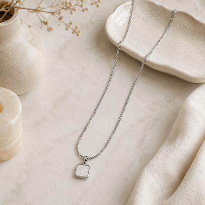 Stainless Steel Square Pearl Pendant Necklace